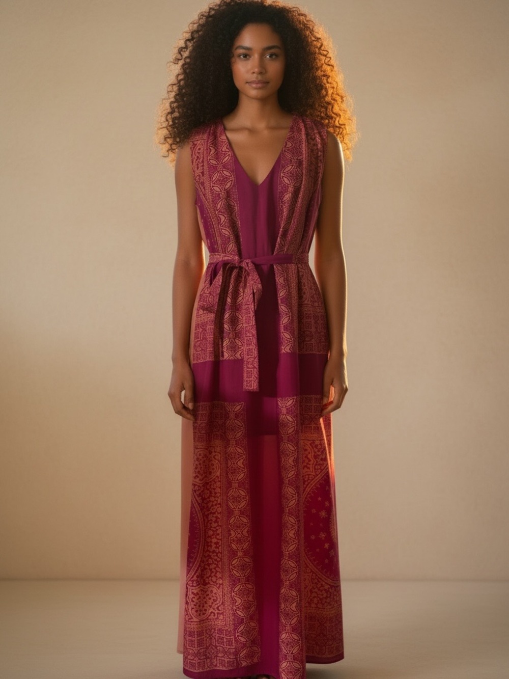 Sleeveless Pink Pattern Printed Maxi Dress with Tie Waist